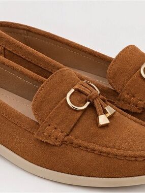 BAMBOO Tan Suede Tassel Loafers with Gold Accents